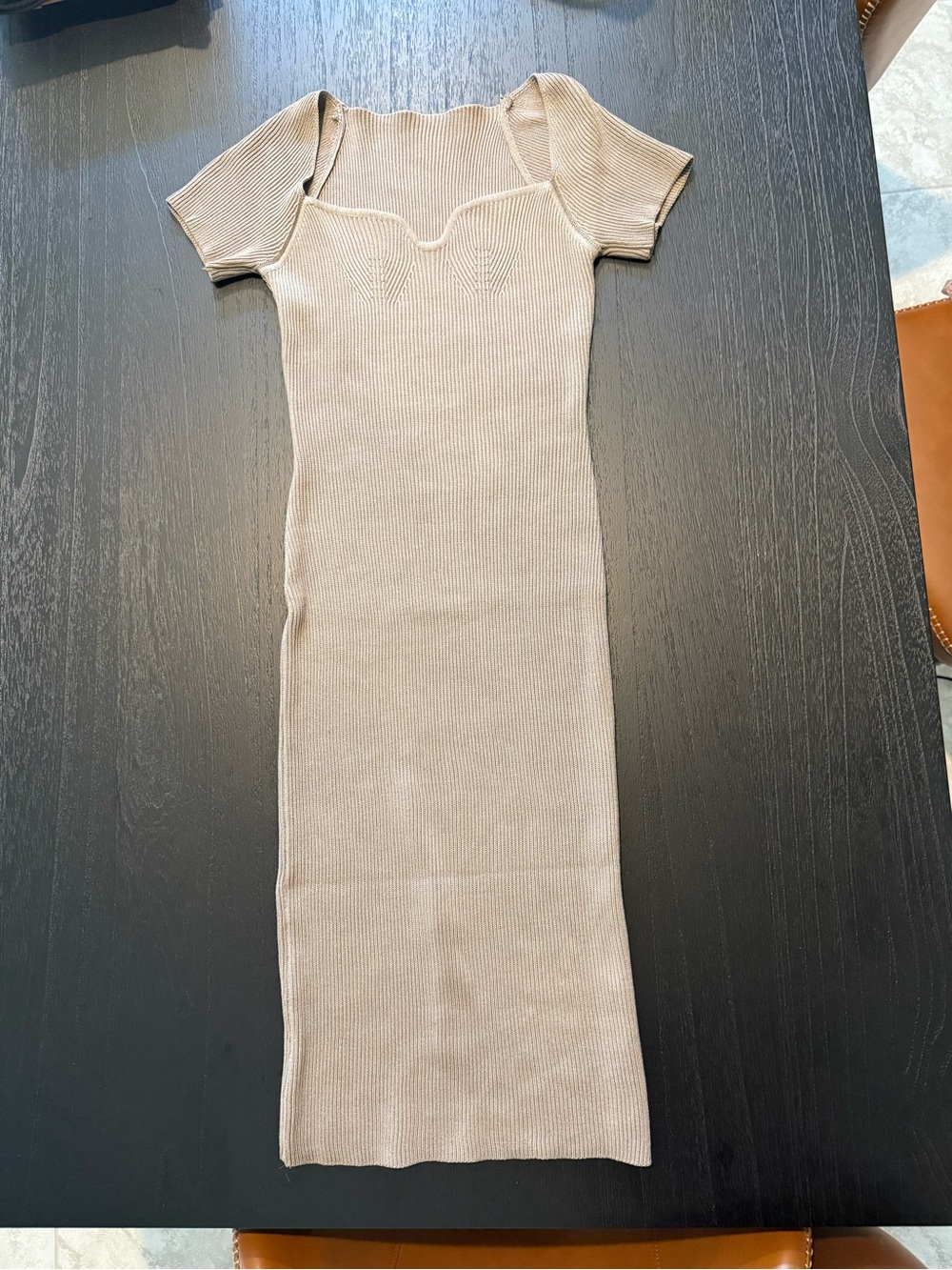 Slim Knit Short-Sleeve Midi Wiggle Dress in Beige